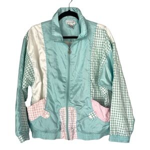 Vintage 80’s LAVON Full Zip Jacket/Windbreaker Pastel Green/Pink Chekered Size L